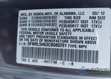 2012 Honda Odyssey Exl from USA, damaged, VIN 5FNRL5H63CB080291